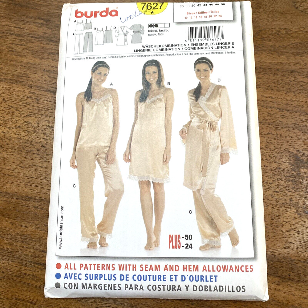 Burda Sewing Pattern #7627 Lingerie Camisole Nightdress Robe Pants 10-24 UNCUT